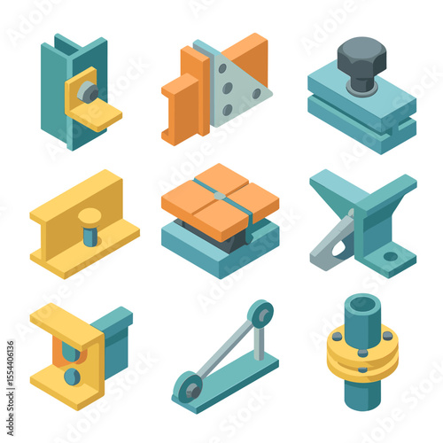 Structural Joints Icons. Isometric Flat icon set of structural joints and connectors: beam clip, gusset plate, bolt connection,