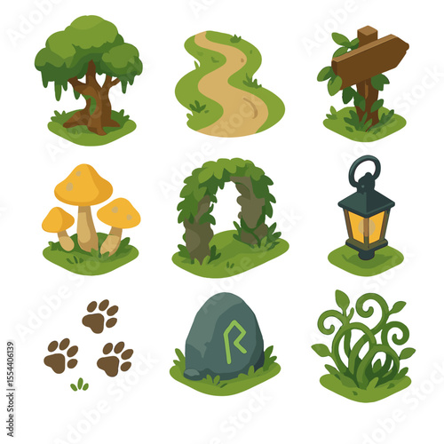 Secret Forest Icons. Isometric Flat icon set of secret forest path: moss-covered tree, winding dirt trail, hidden wooden signpost,