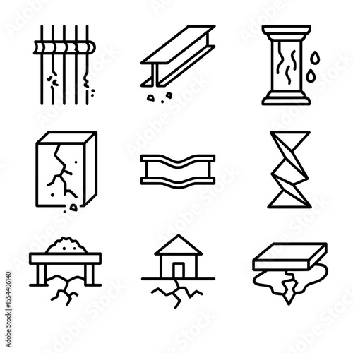 Structural Failure Icons. Outline icon set of Structural Failure Causes: corroded rebar, rusted steel beam, water-damaged column,