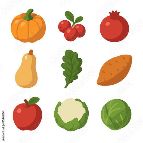 Seasonal Produce Icons. Isometric Flat icon set of seasonal fruits and vegetables: pumpkin, cranberry, pomegranate, butternut
