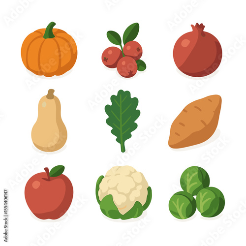 Seasonal Produce Icons. Isometric Flat icon set of seasonal fruits and vegetables: pumpkin, cranberry, pomegranate, butternut