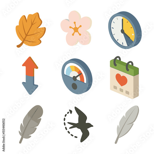 Seasonal Timing Icons. Isometric Flat icon set of seasonal timing and triggers: autumn leaf, spring blossom, photoperiod clock,