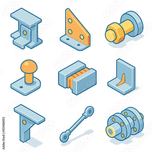 Structural Joints Icons. Isometric Flat icon set of structural joints and connectors: beam clip, gusset plate, bolt connection,