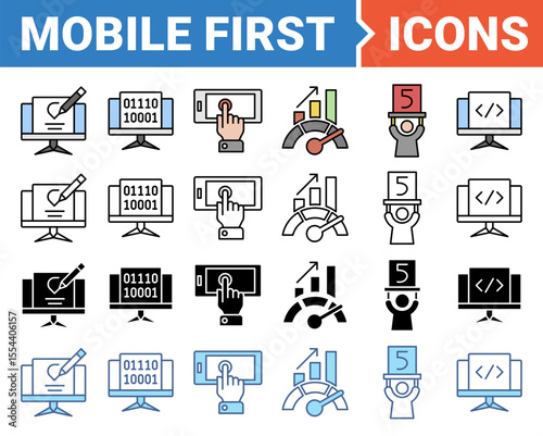 Mobile first icon set with multiple style collection.