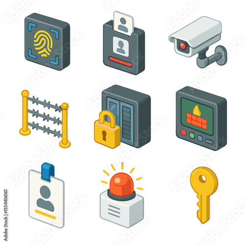 Security Icon Set. Isometric Flat icon set of security and access control: biometric scanner, badge reader, surveillance camera,