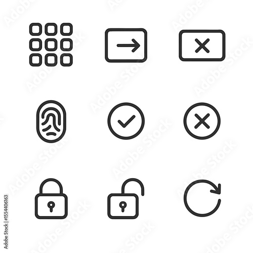 Security Keypad Icons. Outline icon set of Security Keypad Buttons: numeric keypad, enter key, clear key, fingerprint scanner