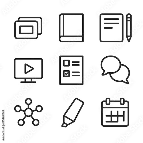 Study Tools Icons. Outline icon set of study preparation tools: flashcard stack, textbook, notepad and pencil, video tutorial play