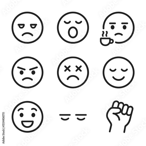 Study Mood Icons. Outline icon set of Study Mood and Emotions: tired face, yawning emoji, coffee-fueled face, determined face,