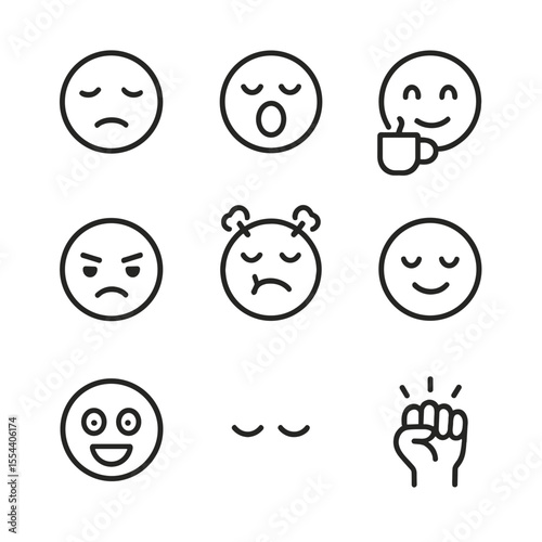 Study Mood Icons. Outline icon set of Study Mood and Emotions: tired face, yawning emoji, coffee-fueled face, determined face,