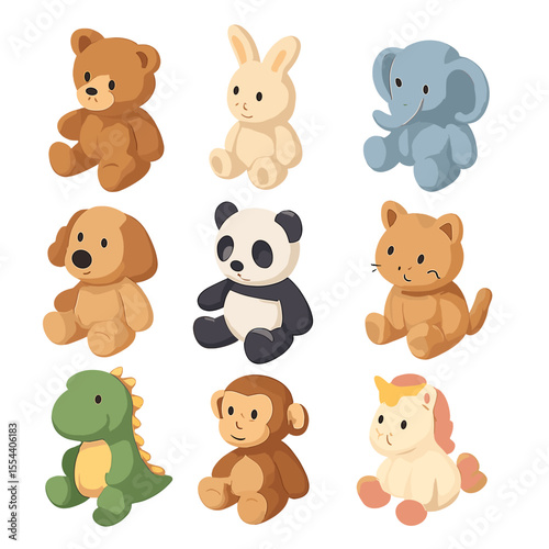Stuffed Animal Icons. Isometric Flat icon set of stuffed animal collection: teddy bear, plush rabbit, plush elephant, plush dog,