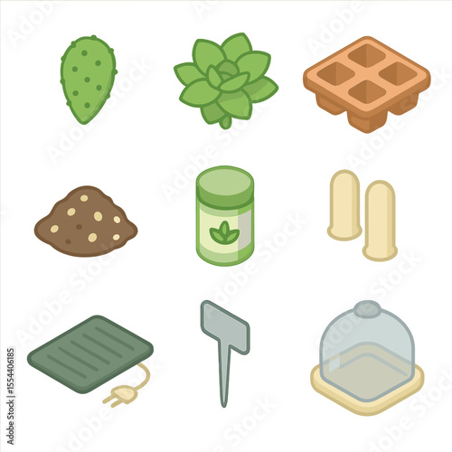 Succulent Propagation Icons. Isometric Flat icon set of cactus and succulent cuttings: cactus pad, succulent rosette, terracotta