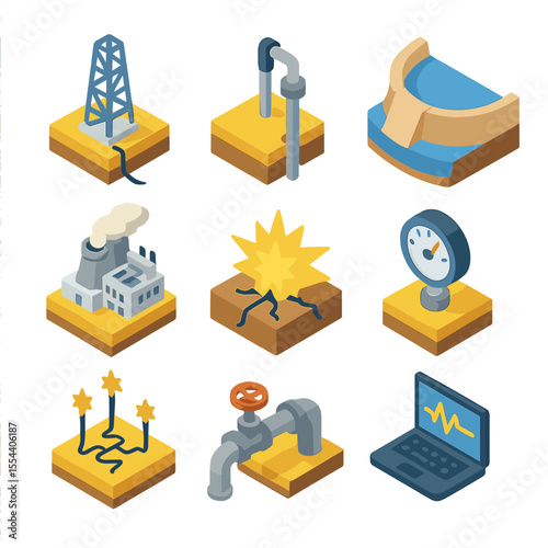Seismic Activity Icons. Isometric Flat icon set of induced seismicity factors: hydraulic fracturing rig, injection well, reservoir