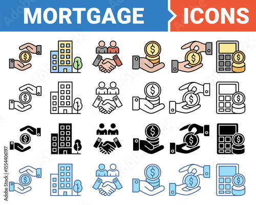 Mortgage icon set with multiple style collection.
