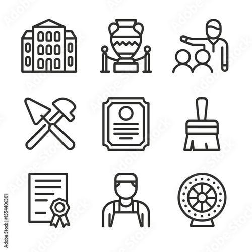 Cultural Heritage Icons. Outline icon set of cultural heritage preservation: historic building, museum exhibit, guided tour,