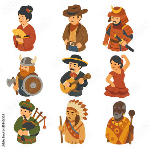 Cultural Archetype Icons. Isometric Flat icon set of cultural archetype characters: geisha, cowboy, samurai, viking, mariachi,