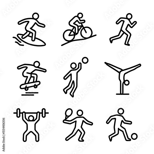 Sunset Sports Icons. Outline icon set of sports action at sunset: surfer riding wave, cyclist on hill, runner sprinting,