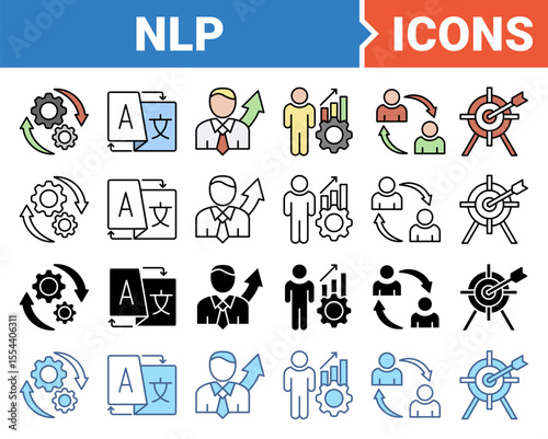 NLP concept for Neuro-linguistic programming icon set with multiple style collection.