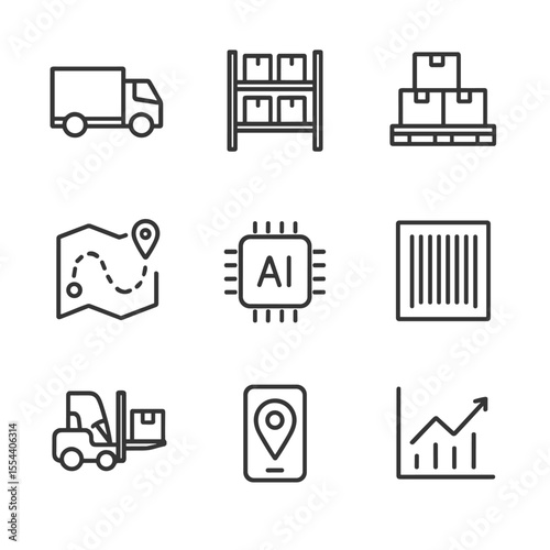 Supply Chain Icons. Outline icon set of AI-based Supply Chain Optimization: delivery truck, warehouse shelves, cargo pallet, route