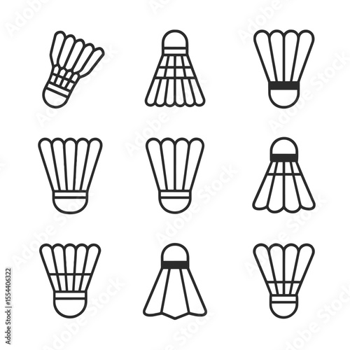Shuttlecock Icon Set. Outline icon set of Shuttlecock Variations: feather shuttlecock, nylon shuttlecock, speed 76 shuttle, speed