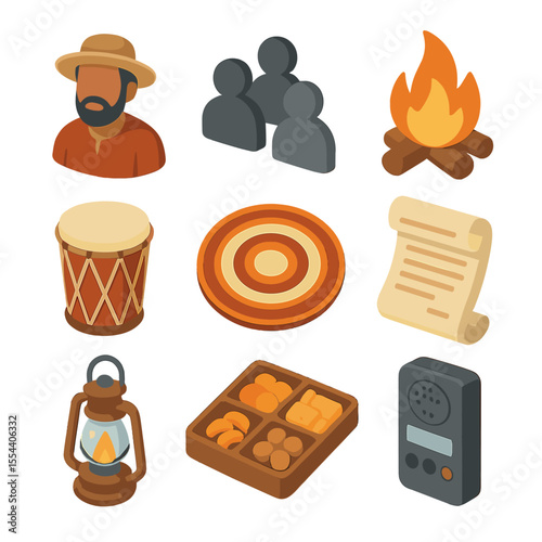 Cultural Storytelling Icons. Isometric Flat icon set of cultural storytelling events: storyteller avatar, audience silhouettes,