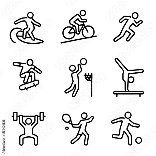 Sunset Sports Icons. Outline icon set of sports action at sunset: surfer riding wave, cyclist on hill, runner sprinting,