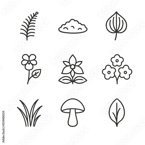 Shade-Loving Flora Icons. Outline icon set of Shade-Loving Flora: fern frond, moss patch, hosta leaf, woodland violet, trillium