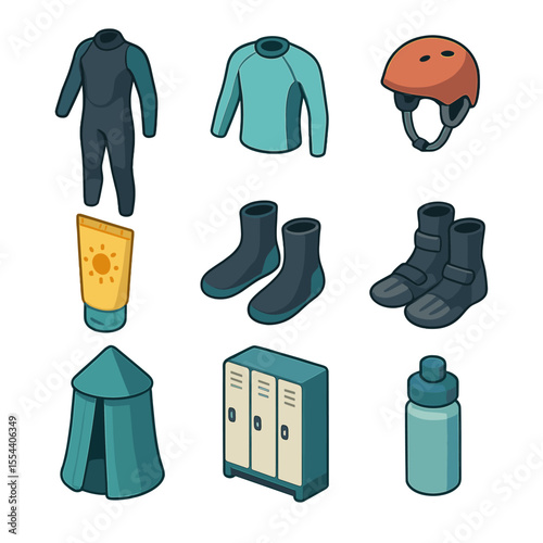 Surf Gear Icons. Isometric Flat icon set of competitor gear and apparel: wetsuit, rash guard, surf helmet, sunscreen tube, surf
