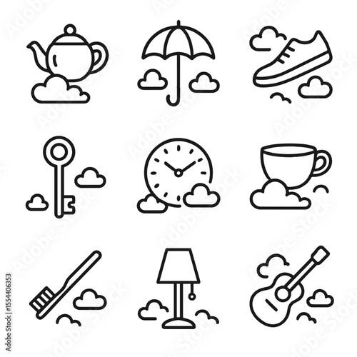 Surreal Floating Icons. Outline icon set of surreal floating everyday objects: cloud teapot, levitating umbrella, floating shoe,