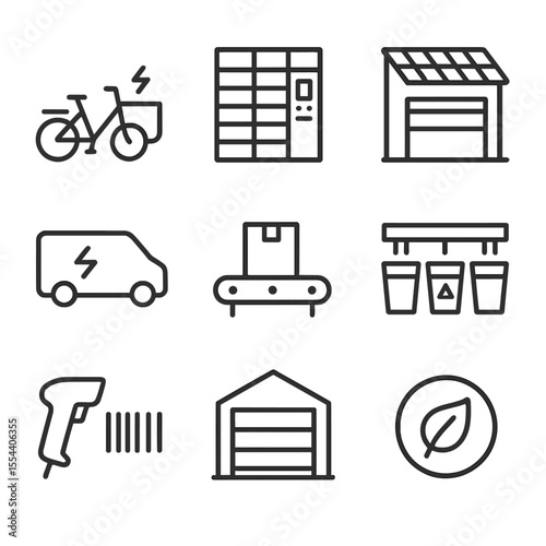 Sustainable Delivery Icons. Outline icon set of sustainable last-mile delivery centers: e-cargo bike, parcel locker, loading dock