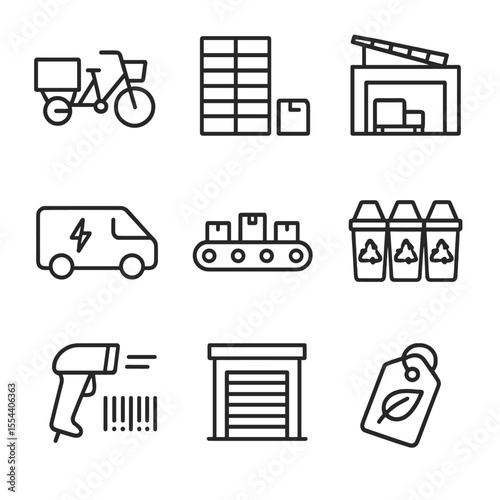 Sustainable Delivery Icons. Outline icon set of sustainable last-mile delivery centers: e-cargo bike, parcel locker, loading dock