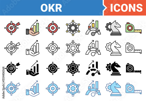 OKR concept for objectives and key results icon set with multiple style collection.