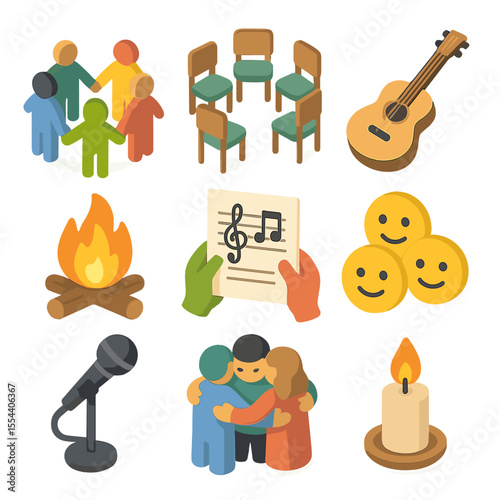 Singing Circles Icons. Isometric Flat icon set of singing circles for mental health: group of people holding hands, circle of