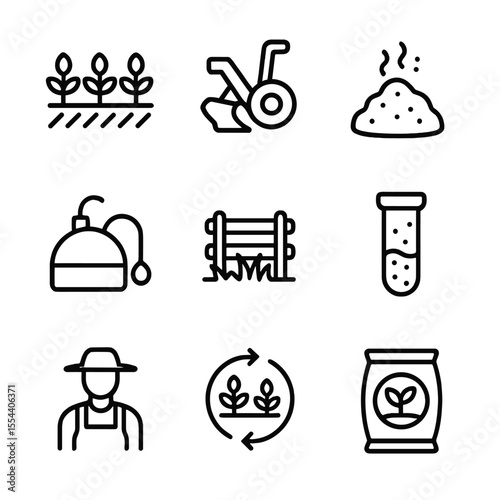 Sustainable Agriculture Icons. Outline icon set of Sustainable Agriculture Offsets: cover crop, no-till plow, compost pile,