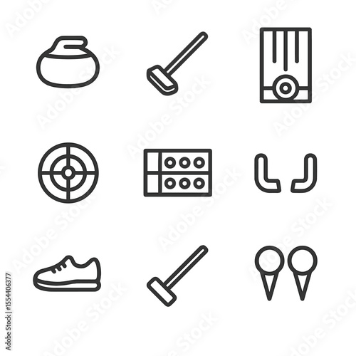 Curling Icon Set. Outline icon set of Curling: curling stone, curling broom, curling sheet, target house, scoreboard, ice hacks,