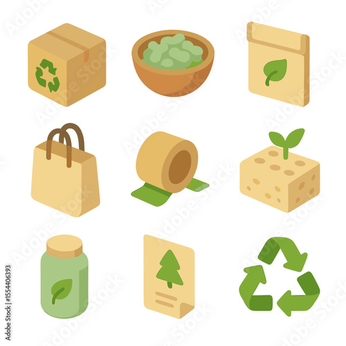 Sustainable Packaging Icons. Isometric Flat icon set of sustainable packaging: recycled cardboard box, biodegradable packing