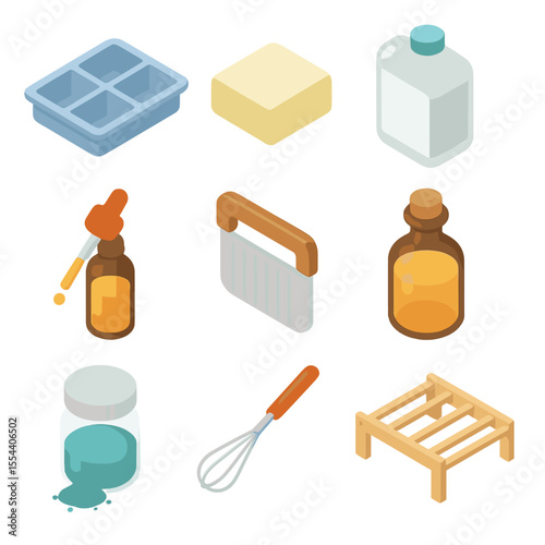 Soap Making Essentials. Isometric Flat icon set of homemade soap making: soap mold tray, shea butter block, lye container,