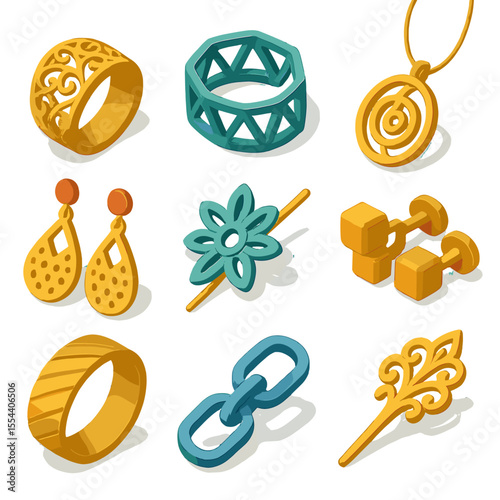 3D-Printed Jewelry Icons. Isometric Flat icon set of 3D-printed jewelry: filigree ring, geometric bracelet, pendant necklace,