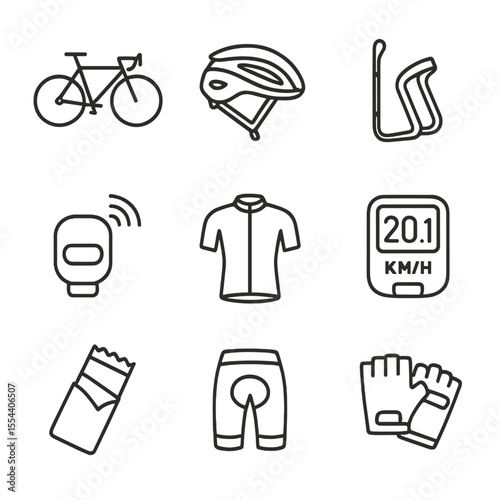 Cycling Gear Icons. Outline icon set of cycling endurance: road bike, cycling helmet, water bottle cage, cadence sensor, cycling