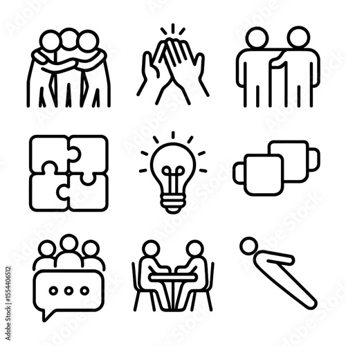 Teamwork Icons Set. Outline icon set of team-building and peer support: group huddle, high-five hands, supportive arm around