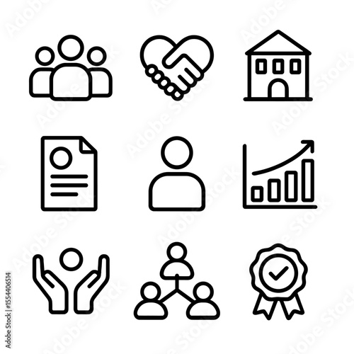 Social Enterprise Icons. Outline icon set of social enterprises: group of people icon, handshake heart, community center building,