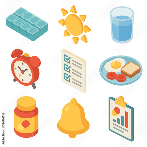 Daily Vitamin Routine Icons. Isometric Flat icon set of daily vitamin routine: pill organizer, morning sun icon, glass of water,