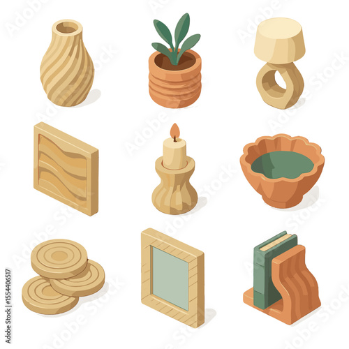 3D-Printed Home Decor Icons. Isometric Flat icon set of 3D-printed home decor: decorative vase, planter pot, sculptural lamp, wall