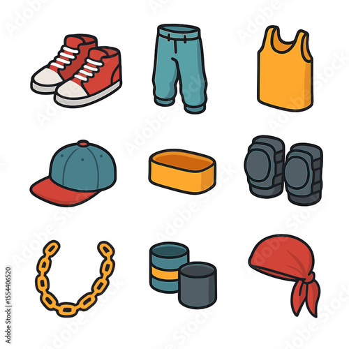 Dance Attire Icons. Isometric Flat icon set of dance attire and accessories: high-top sneakers, baggy pants, tank top, snapback
