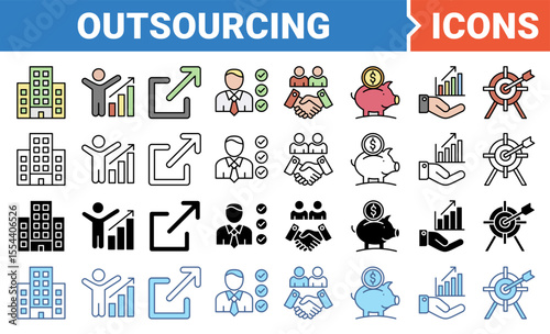 Outsourcing icon set with multiple style collection.