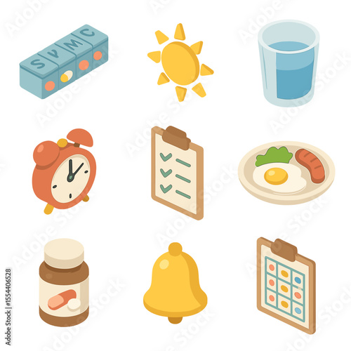 Daily Vitamin Routine Icons. Isometric Flat icon set of daily vitamin routine: pill organizer, morning sun icon, glass of water,