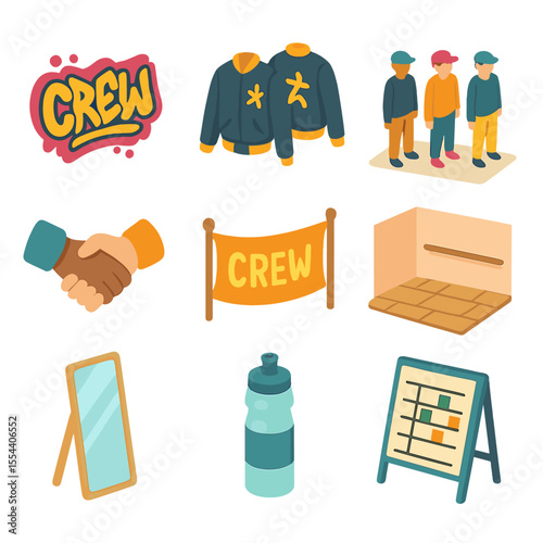 Dance Crew Icons. Isometric Flat icon set of dance crew elements: crew logo graffiti, matching bomber jackets, group formation