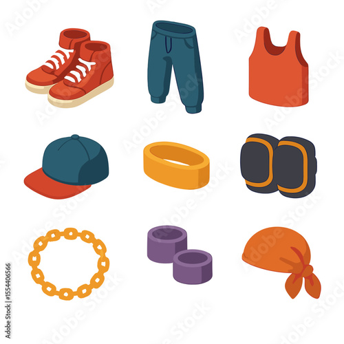 Dance Gear Icons. Isometric Flat icon set of dance attire and accessories: high-top sneakers, baggy pants, tank top, snapback hat,