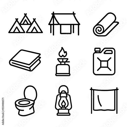 Temporary Shelter Icons. Outline icon set of temporary shelter setup: tent camp, makeshift shelter, sleeping mat, thermal blanket,