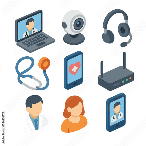 Telemedicine Icon Set. Isometric Flat icon set of telemedicine and remote consultation: laptop with video call, webcam, headset,