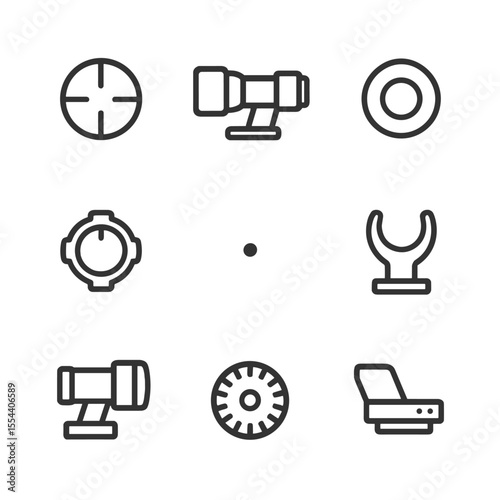 Telescope Icon Set. Outline icon set of Telescope Finder Sight: crosshair reticle, tube outline, eyepiece lens, alignment knob,